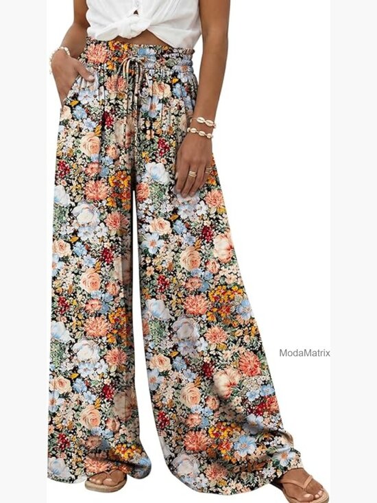 Pants - High Waist Wide Leg Palazzo Pants with Pockets